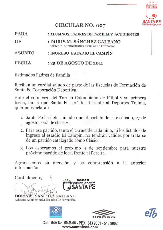 Comunicado Oficial de Independiente Santa Fe